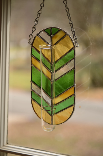 Stained Glass Plant Propagation Station Suncatcher Sun Catcher Chevron Vintage Modern Style Window Hanging Yellow Green Clear Handmade