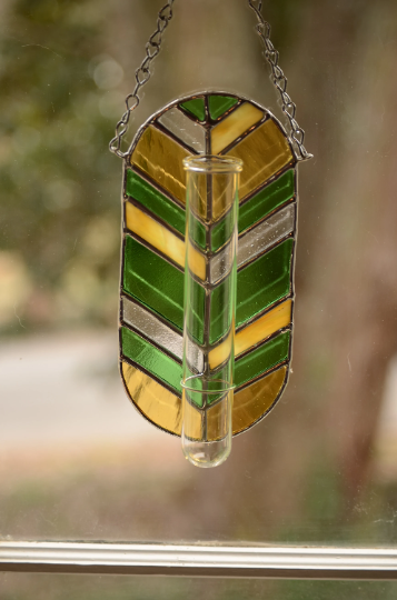 Stained Glass Plant Propagation Station Suncatcher Sun Catcher Chevron Vintage Modern Style Window Hanging Yellow Green Clear Handmade