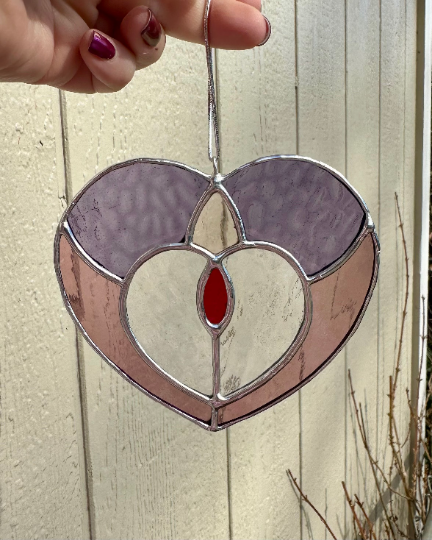 Handmade Stained Glass Valentine’s Day Heart Suncatcher Window Decoration Glass Art Gift Red Purple Violet Lavender Pink Peach Galentine’s