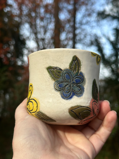 Handmade Ceramic Stoneware Carved Rainbow Flowers Coffee Tea Mug Cup Botanical Floral Pottery Floral Pride