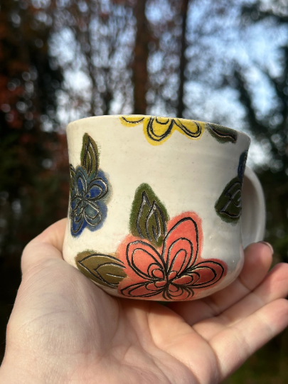 Handmade Ceramic Stoneware Carved Rainbow Flowers Coffee Tea Mug Cup Botanical Floral Pottery Floral Pride