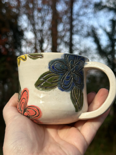 Handmade Ceramic Stoneware Carved Rainbow Flowers Coffee Tea Mug Cup Botanical Floral Pottery Floral Pride
