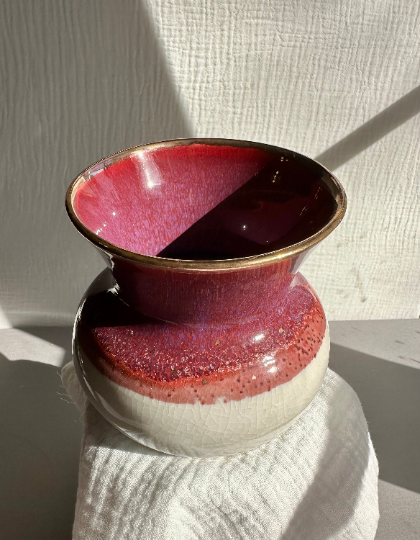 Handmade Ceramic Stoneware Red Pink and White with Gold Luster Accents Flower Bud Vase Pottery