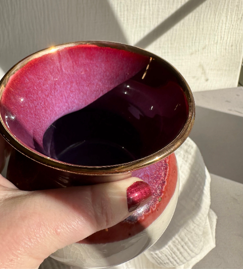 Handmade Ceramic Stoneware Red Pink and White with Gold Luster Accents Flower Bud Vase Pottery