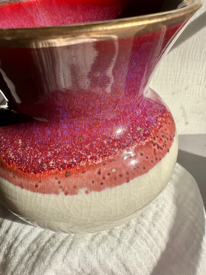 Handmade Ceramic Stoneware Red Pink and White with Gold Luster Accents Flower Bud Vase Pottery