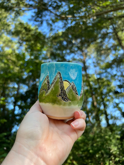 Handmade Ceramic Stoneware Carved Mountain Alpine Views Wine Cup Whiskey Glass Tumbler Pottery
