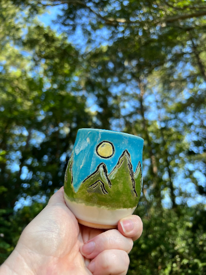 Handmade Ceramic Stoneware Carved Mountain Alpine Views Wine Cup Whiskey Glass Tumbler Pottery